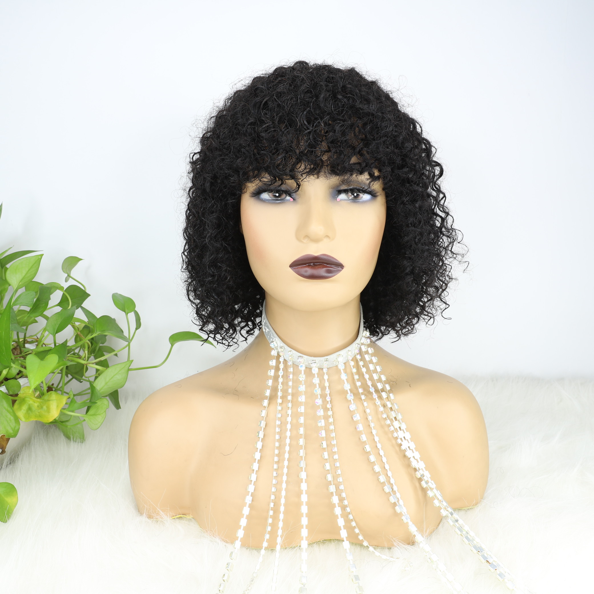 Jerry Curly Human Hair Wigs for Black Women with Bangs Natural Color