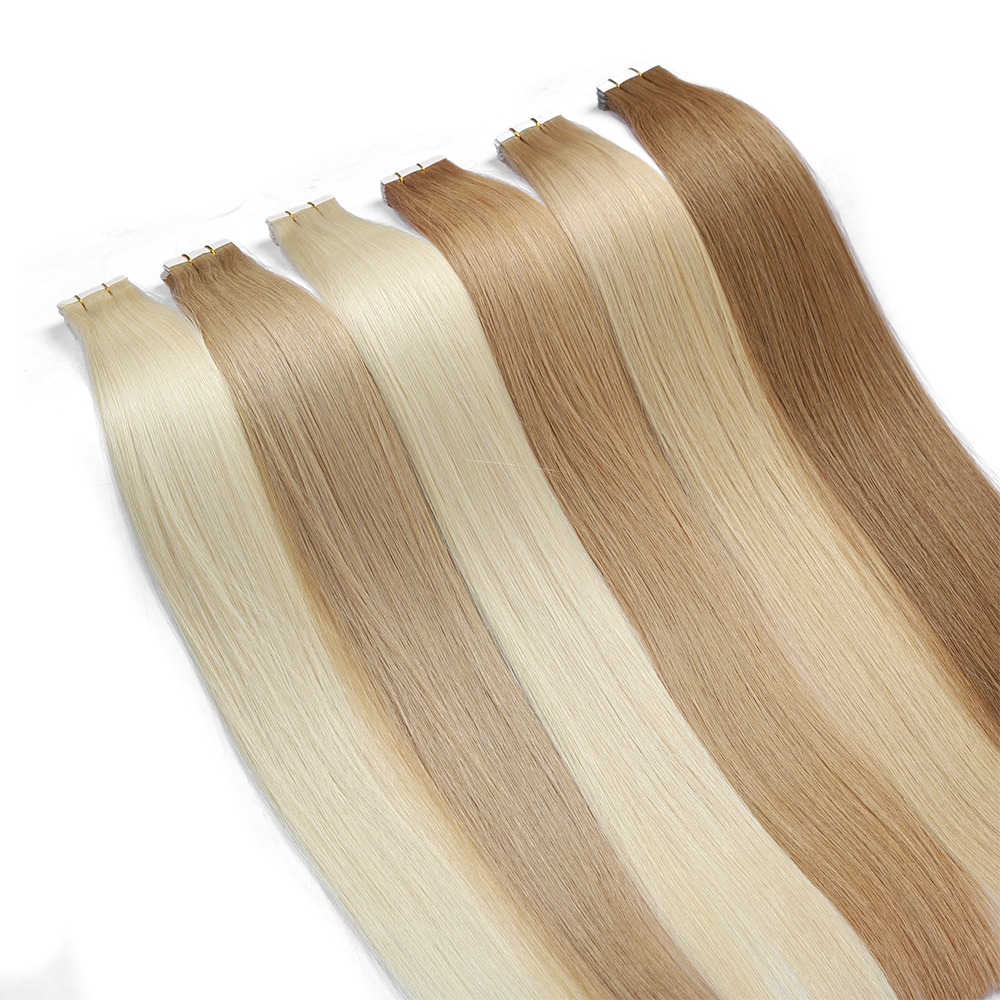 Human Hair Extensions PU Flat Weft Hair Extensions Remy Human Hair Extension with Holes Ash Blonde Highlight Blonde 18/613 Invisible Tape in Hair Extension for Women