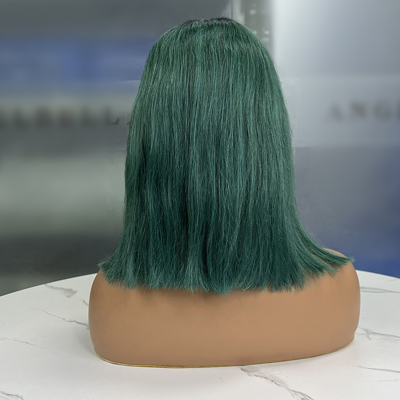 Green Short Straight Bob Wig Heat Resistant Hair With Blunt Bangs Natural Looking Cosplay Costume Daily Wigs