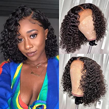 Short Curly Bob Wigs Virgin Human Hair For Black Women Pre Plucked with Baby Hair 150% Density (10inch, 13x4）