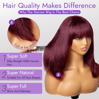 99J Red Bob Remy Wigs With Bangs 10inch Machine Made Wig Burgundy