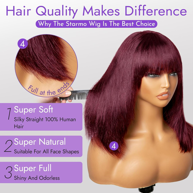 99J Red Bob Remy Wigs With Bangs 10inch Machine Made Wig Burgundy
