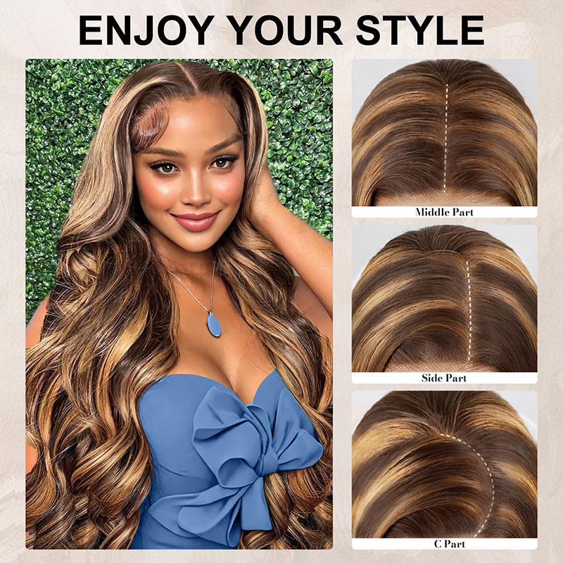 Ombre Blonde Brown Highlight Human Hair 13x4x1 T Part Lace Straight Wigs