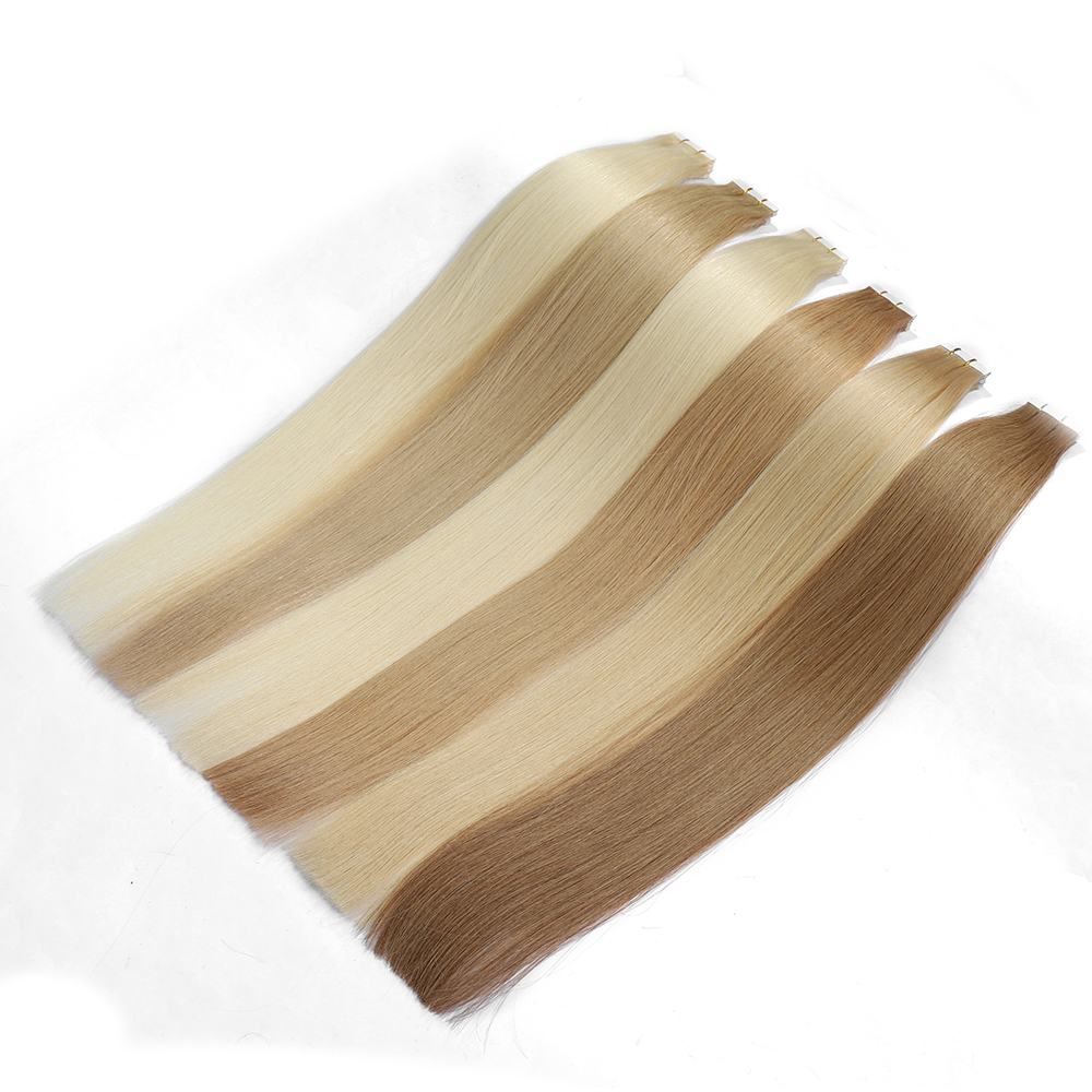 Human Hair Extensions PU Flat Weft Hair Extensions Remy Human Hair Extension with Holes Ash Blonde Highlight Blonde 18/613 Invisible Tape in Hair Extension for Women