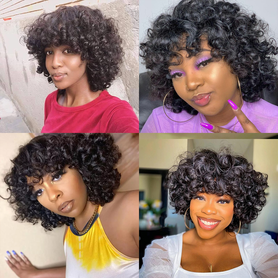 Bouncy Curly Human Hair Wig With Bangs Pixie Cut Bob Wigs Romance Curl Human Hair Wig For Women