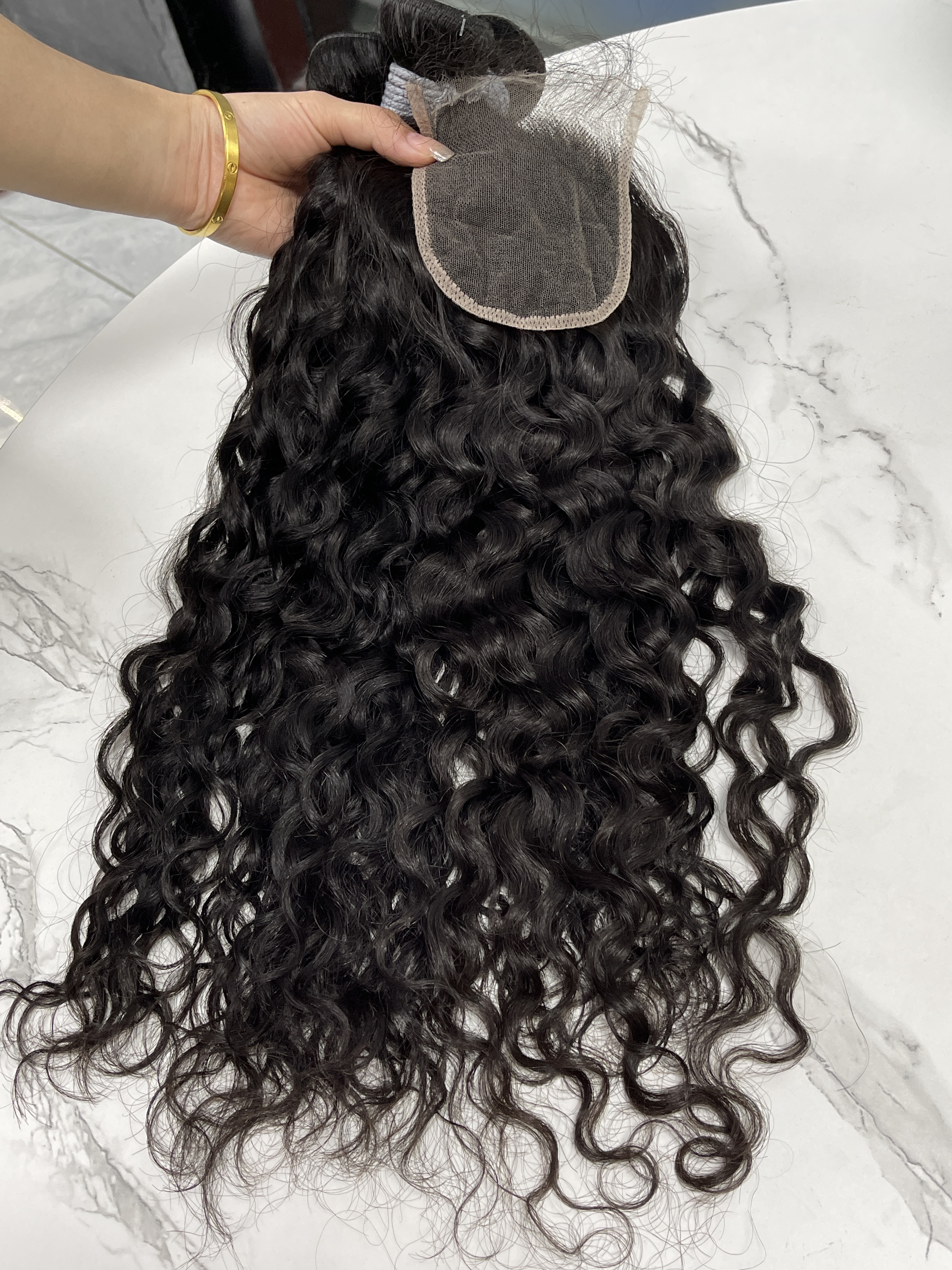 Unprocessed Water Wave Lace Closure with Bundles Human Hair Natural Black Color