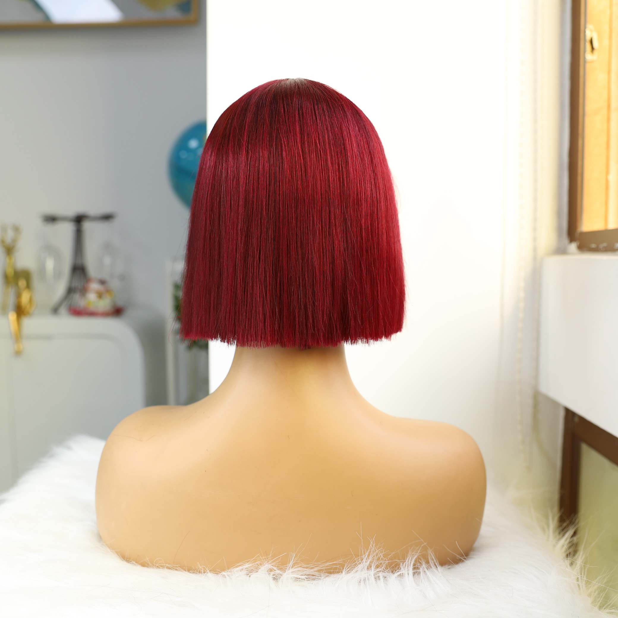 99J Burgundy Red Straight Bob Human Hair Wigs With Bangs
