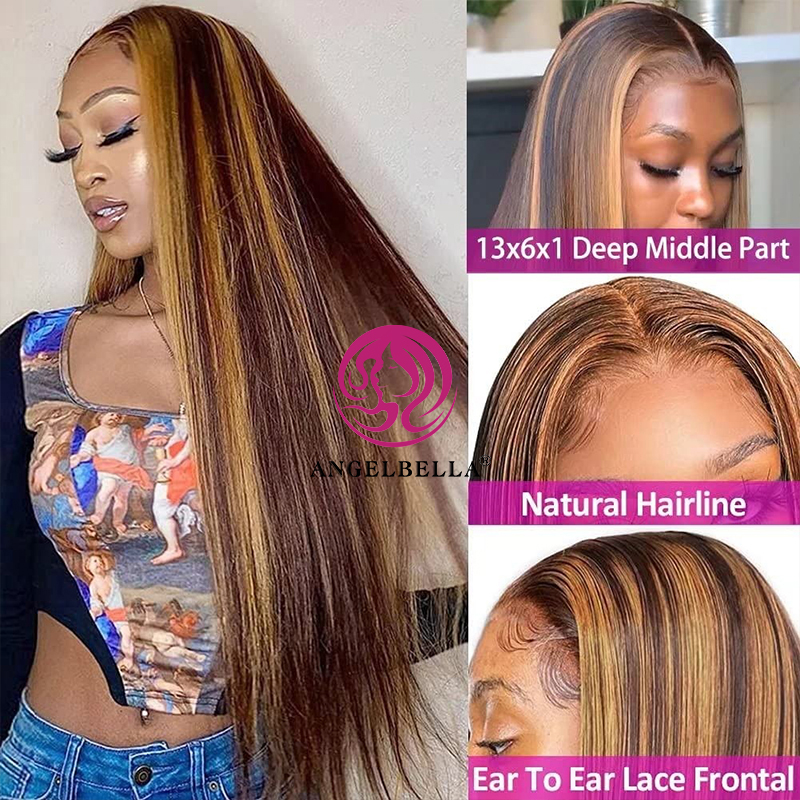 AngelBella DD Diamond Hair 13X4 4/27# Straight Honey Highlight Best HD Lace Front Human Hair Wig