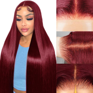 99J Burgundy Wine Red Silky Straight Transparent T Part Lace Front Wigs