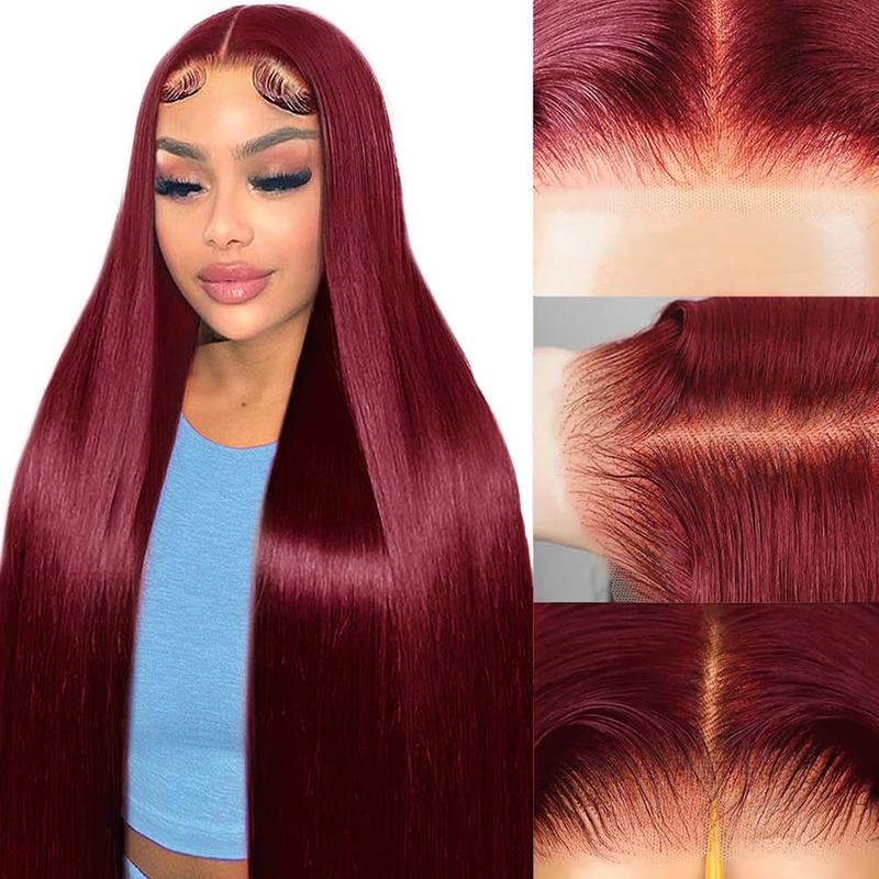 99J Burgundy Wine Red Silky Straight Transparent T Part Lace Front Wigs