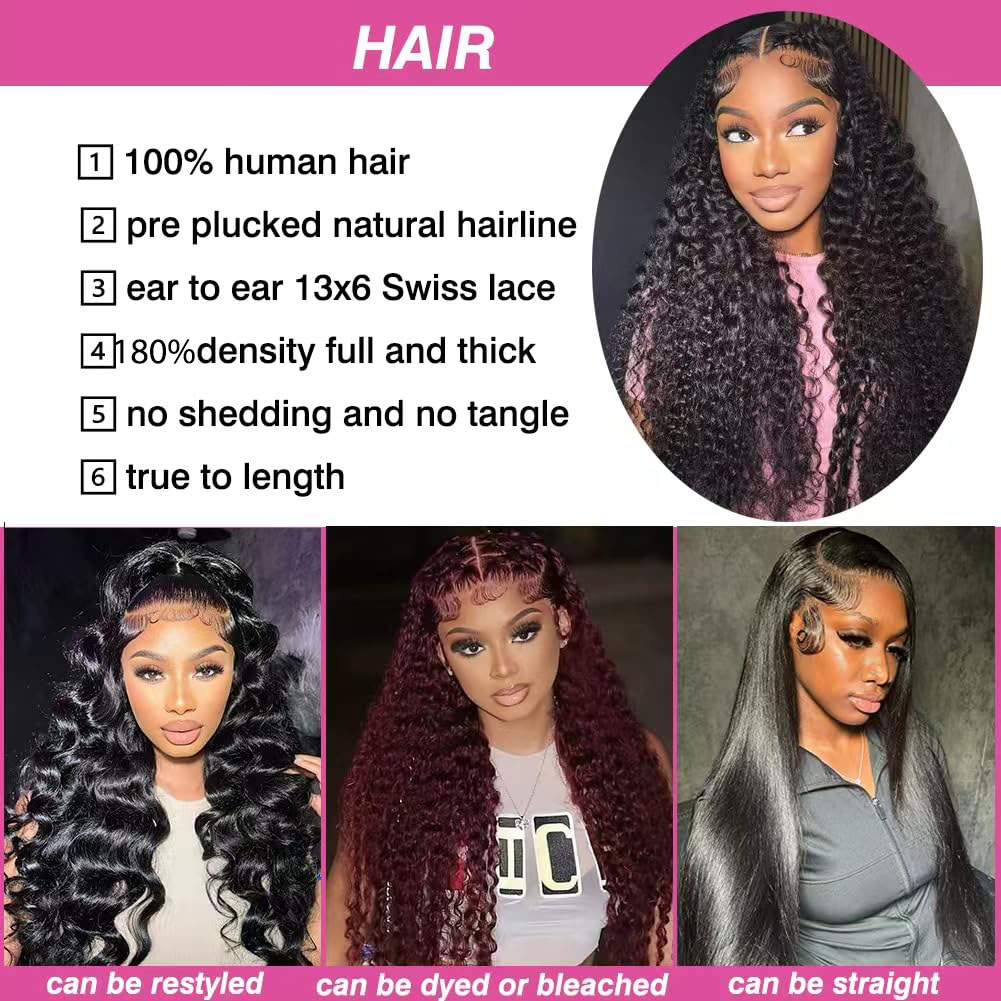 AngelBella 12-40 Inch Water Wave Lace Front Wigs Human Hair Pre Plucked 13x6 Deep Part HD Lace Frontal Wig 180 Density Curly Human Hair Wig for Women