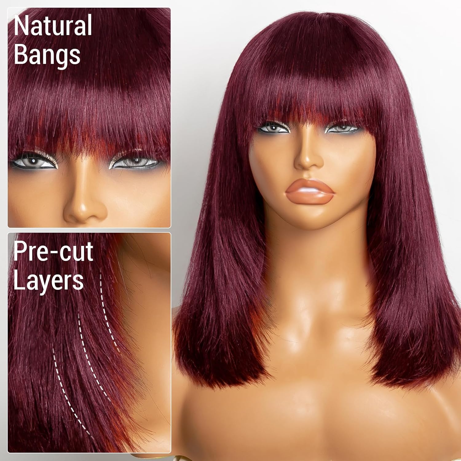 99J Red Bob Remy Wigs With Bangs 10inch Machine Made Wig Burgundy