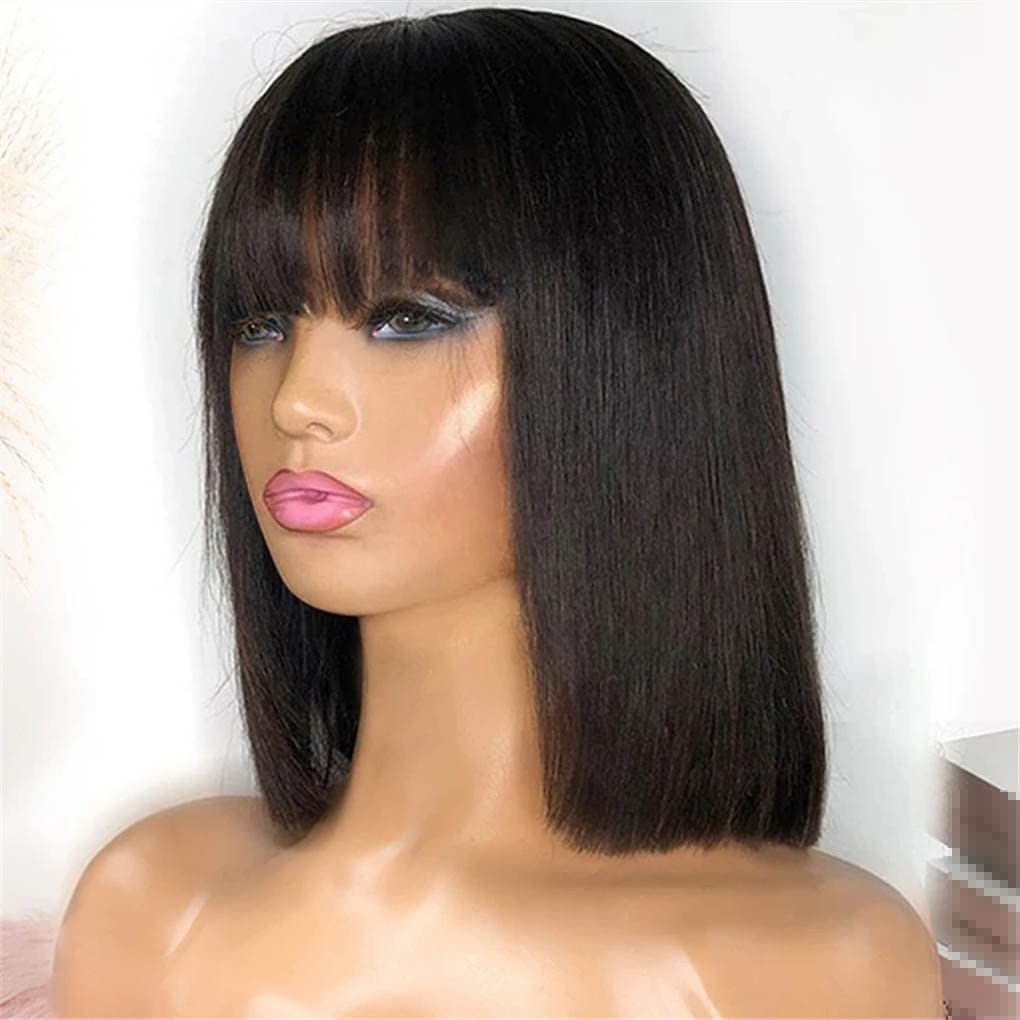 Black Bob Wig with Bangs Full Machine Made Short Straight Bob Wigs for Black Women 8 10 12 14 16 Inch