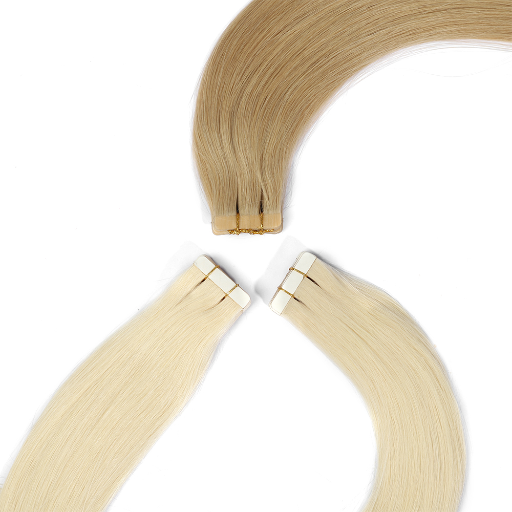 Human Hair Extensions PU Flat Weft Hair Extensions Remy Human Hair Extension with Holes Ash Blonde Highlight Blonde 18/613 Invisible Tape in Hair Extension for Women