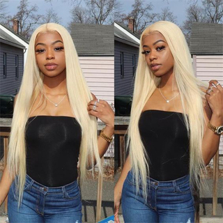 13x4 Straight Blonde Human Hair Lace Frontal Wig For Women 30/32 Inch Pre Plucked 613