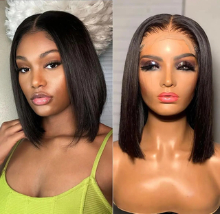 AngelBella Factory Wholesale 13*4 Natural Brazilian Human Hair Glueless Swiss Lace Frontal Straight Short Bob Wig for Black Women
