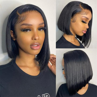 Natural Color 10inch Straight Human Hair Short Bob Wigs 180% Density Transparent Glueless Smooth Lace Frontal Wig for Women
