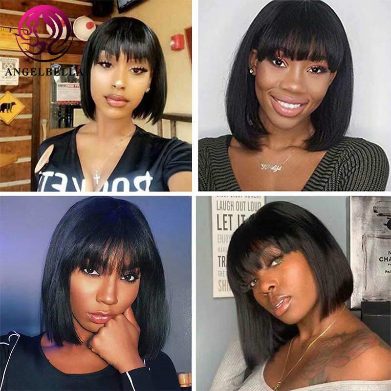 100 Human Hair Bob Wigs with Bangs for African American Bone Straight Bob Wigs Party City