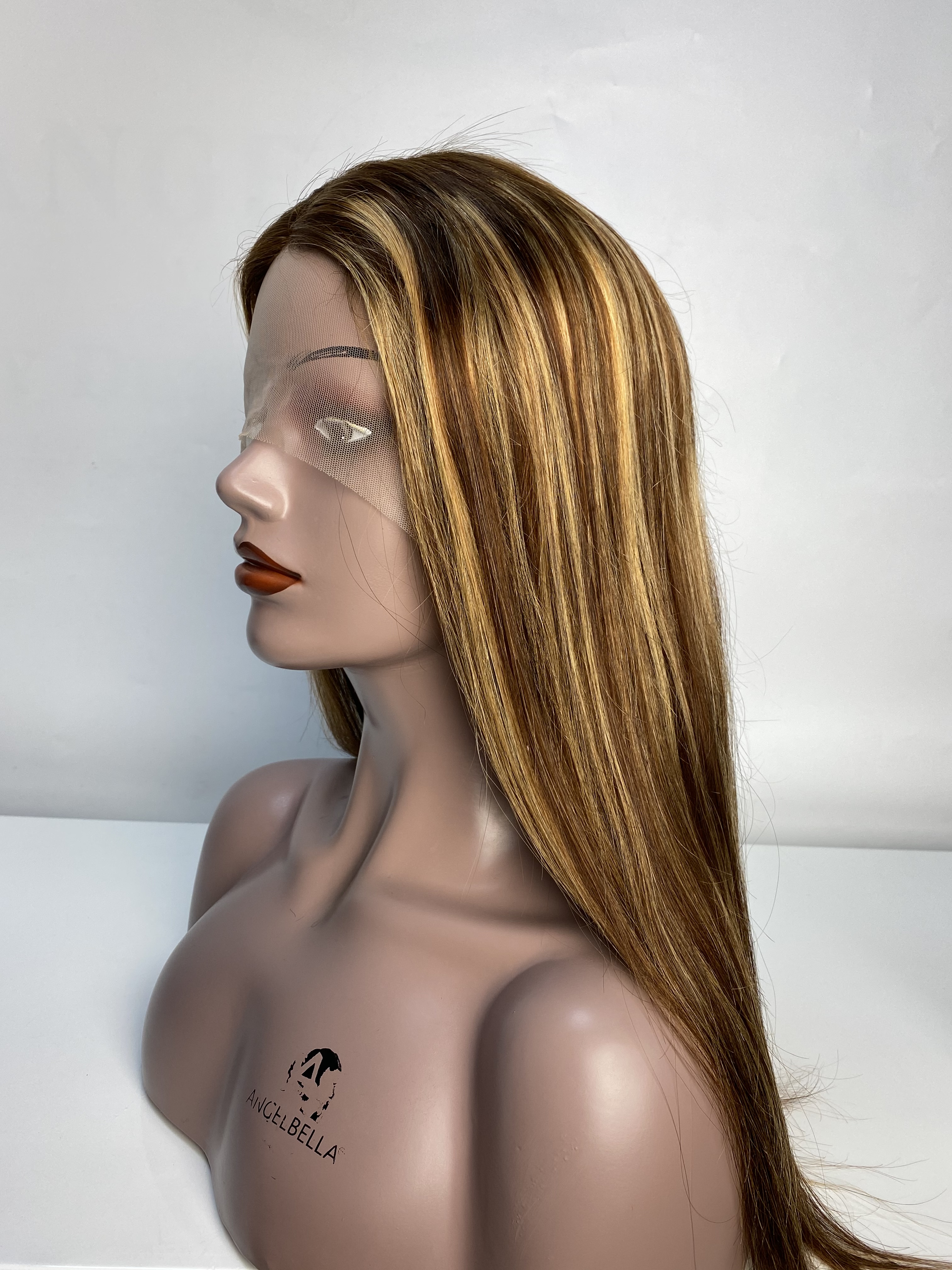100% Human Brown Hair with Blonde Highlights Straight Wigs