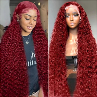 AngelBella 99J Burgundy Water Wave Human Hair Lace Front Wigs 180% Density Glueless 13x4 Transparent Swiss Lace Frontal Wig