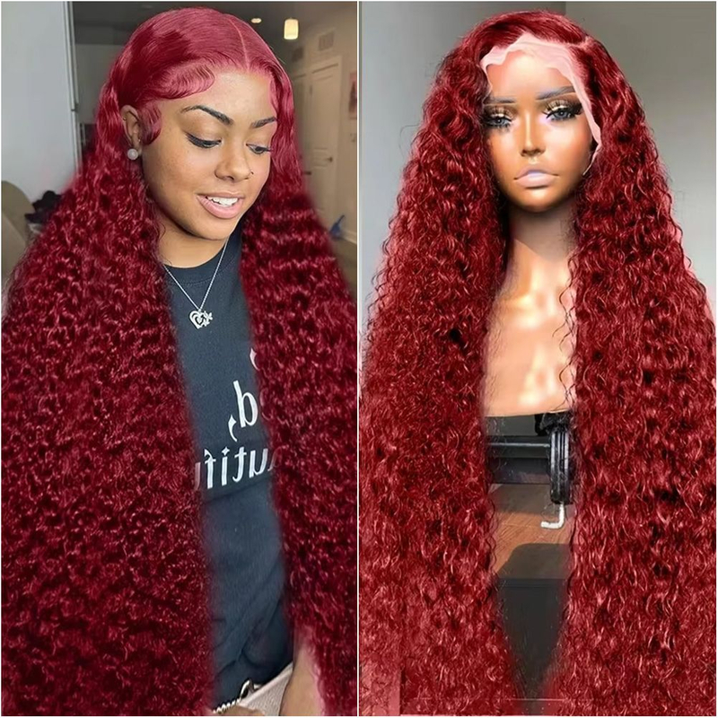 AngelBella 99J Burgundy Water Wave Human Hair Lace Front Wigs 180% Density Glueless 13x4 Transparent Swiss Lace Frontal Wig