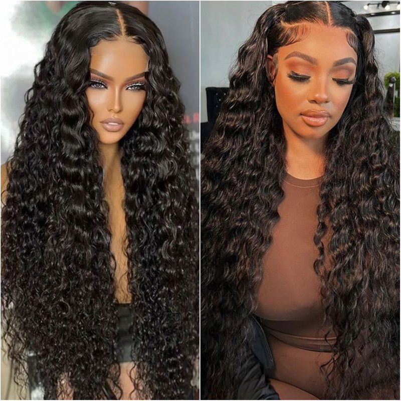 AngelBella 30 Inch 180% Density Glueless Deep Wave 13x4 Transparent Lace Front Human Hair Wigs for Black Women