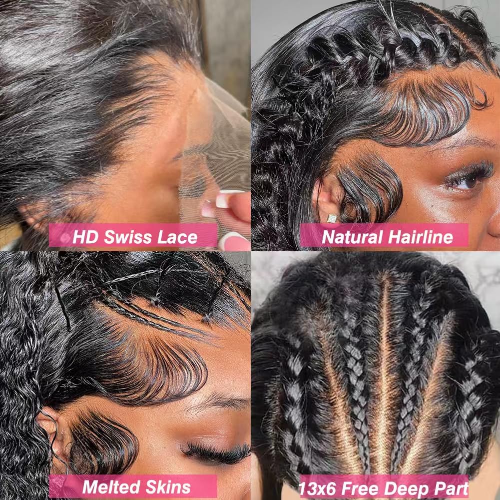 AngelBella 12-40 Inch Water Wave Lace Front Wigs Human Hair Pre Plucked 13x6 Deep Part HD Lace Frontal Wig 180 Density Curly Human Hair Wig for Women