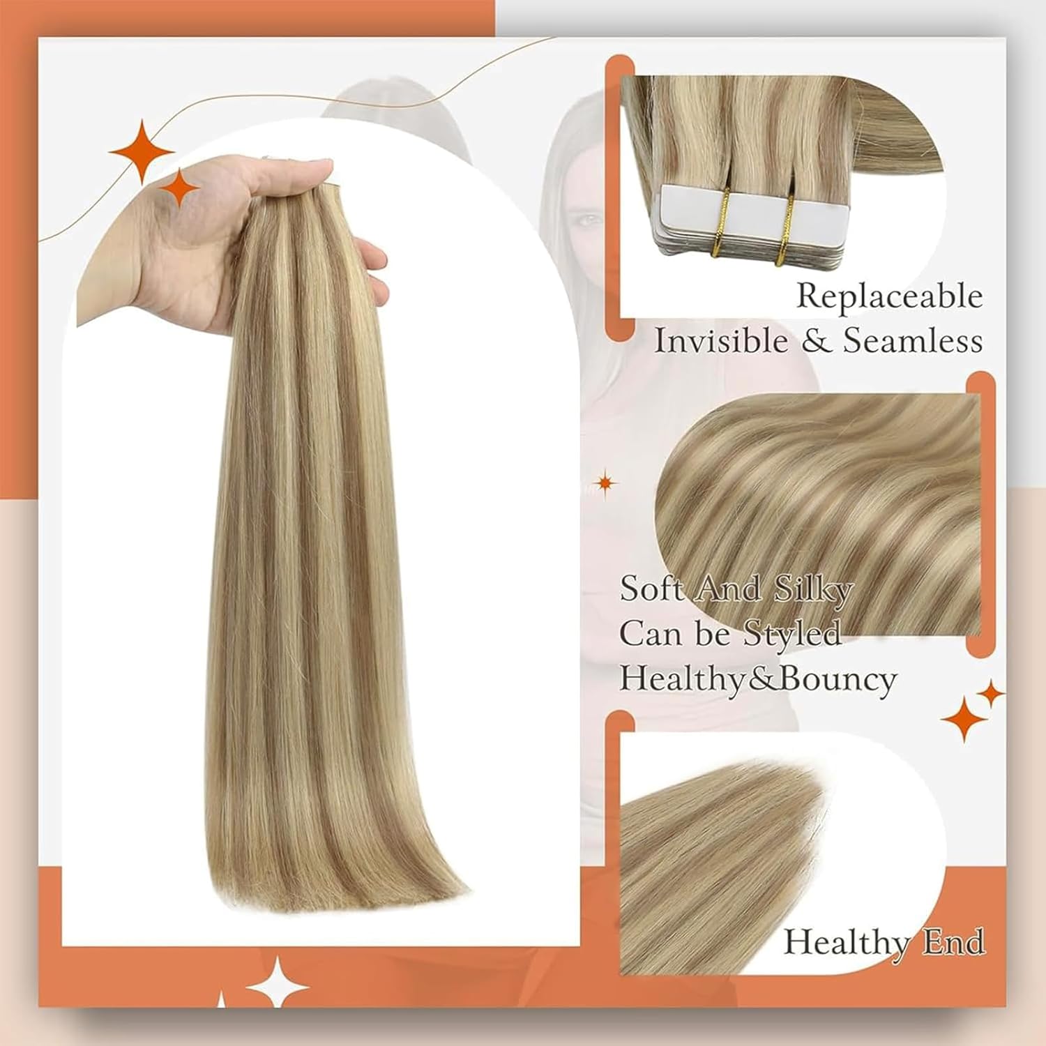 Angelbella Tape in Hair Extensions Real Human Hair 22Inch Color 16 Highlighted 22 Blonde Hair Extensions Tape in 100Gram Pu Tape ins Human Hair Seamless Skin Weft Extension Natural Hair