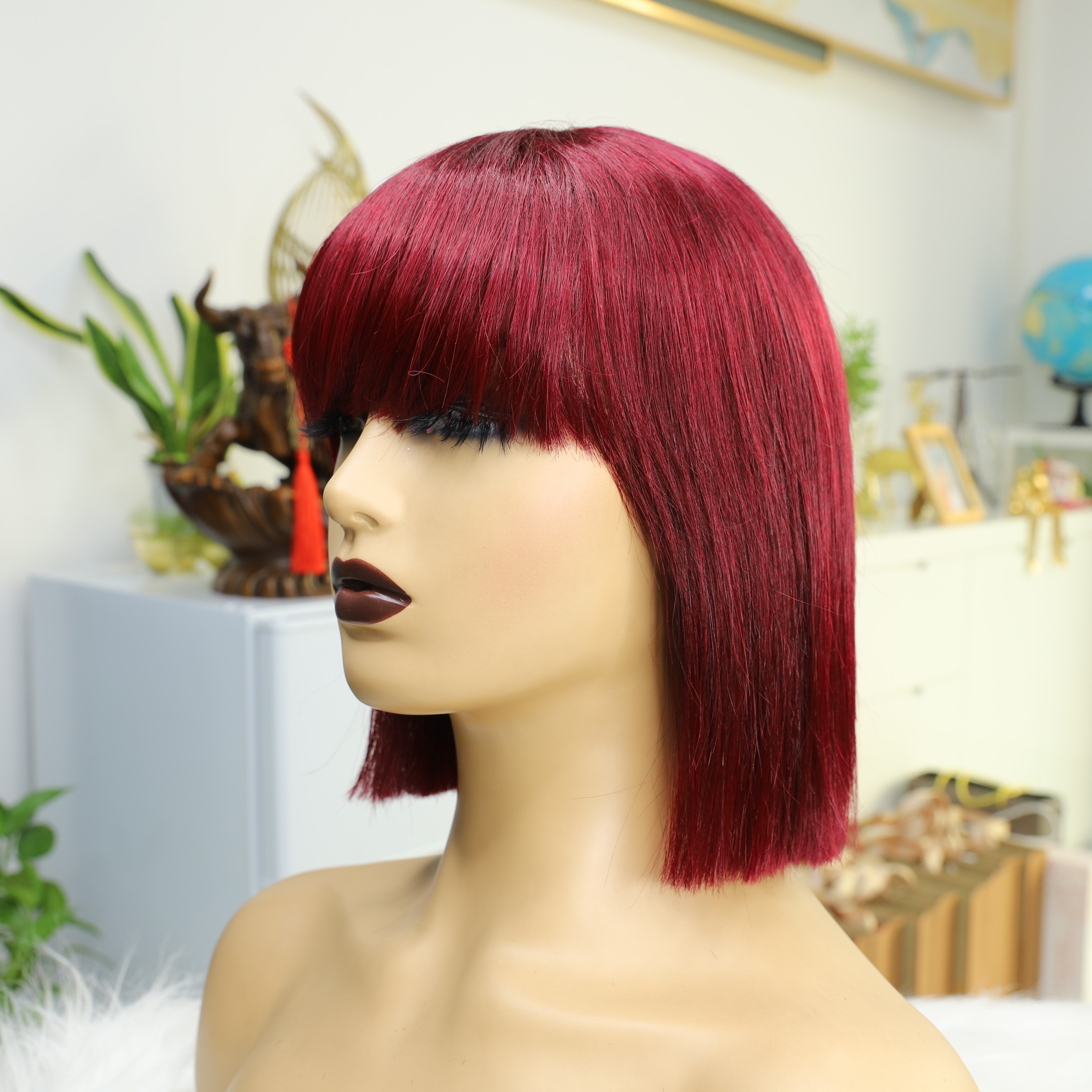 99J Red Bob Remy Wigs With Bangs 10inch Machine Made Wig Burgundy