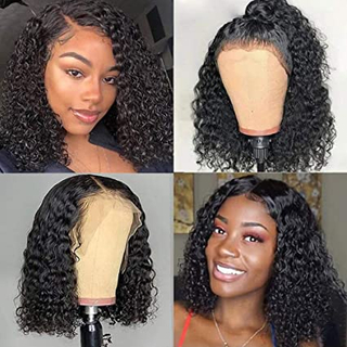 Short Curly Bob Wigs Virgin Human Hair For Black Women Pre Plucked with Baby Hair 150% Density (10inch, 13x4）
