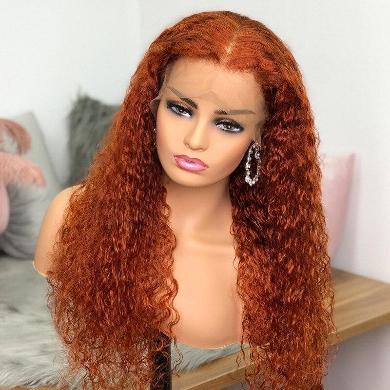 30 Inch Brazilian Transparent Wigs Lace Frontal Wig 13x4 1800% Density Human Hair Colored Ginger Water Wave Wigs for Women