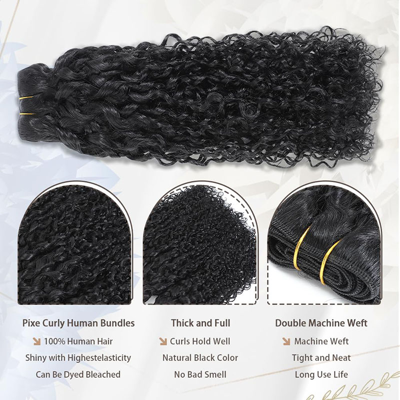 Pixie Curly Bundles Human Hair Water Wave Human Hair Bundles 8-24 Inch Kinkycurly Bundles Quick Weave Water Wave with Spiral Curly End 100% Raw Virgin Hair Extensions