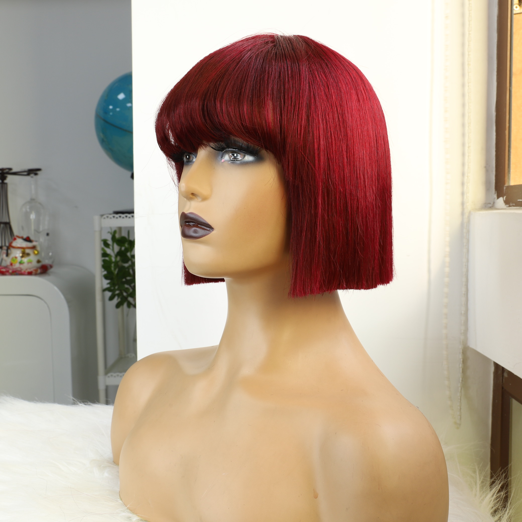 99J Burgundy Red Straight Bob Human Hair Wigs With Bangs
