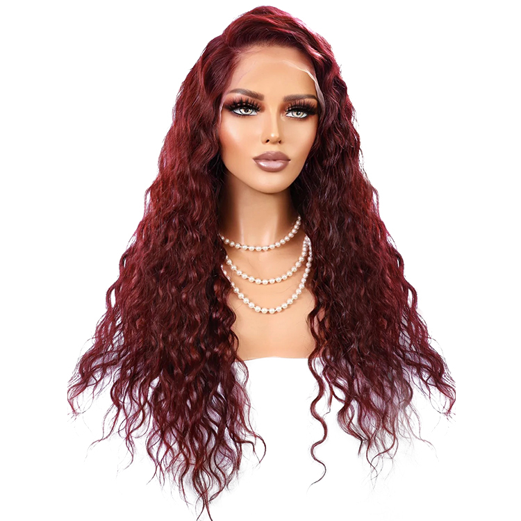 Angelbella 13x4 180% Density Glueless Brazilian Human Hair Transparent Lace Frontal Wigs 99J Water Wave Lace Front Wig for Women