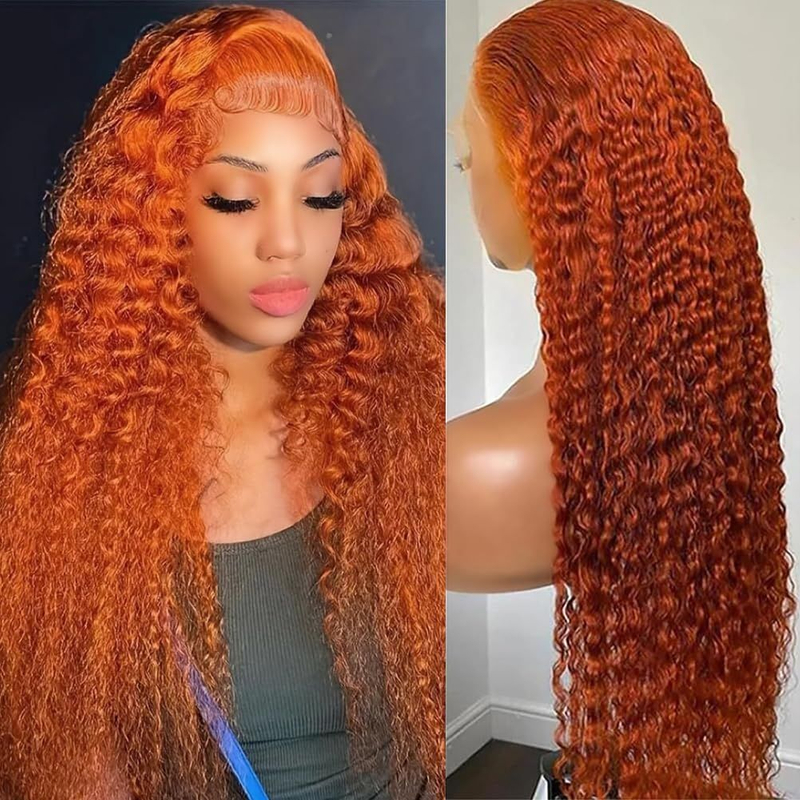 Wholesale 30 Inch 13x4 180% Density Ginger Orange Color Deep Curly Lace Frontal Wig 13x4 HD Transparent Lace Wigs