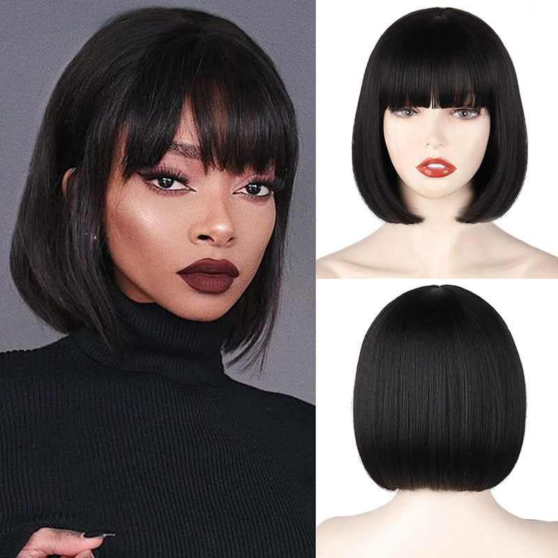 Full Machine Straight Bob Wigs with Bang for Women 8 10 12 14 16 Inch