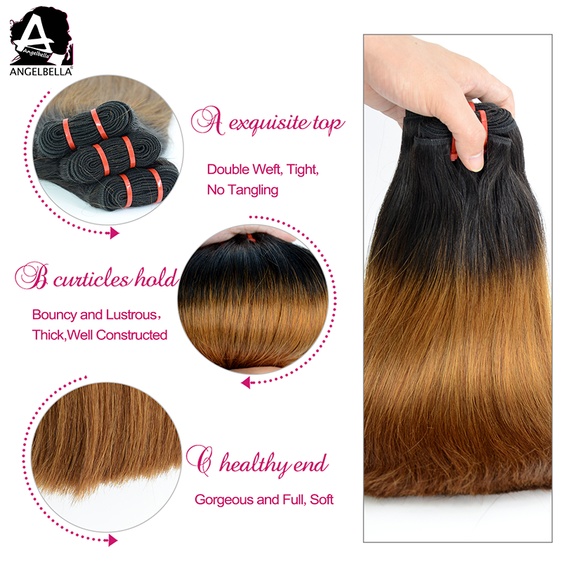 Super Double Drawn Straight Hair Weave Bundle Ombre Brown Color Remy Human Hair