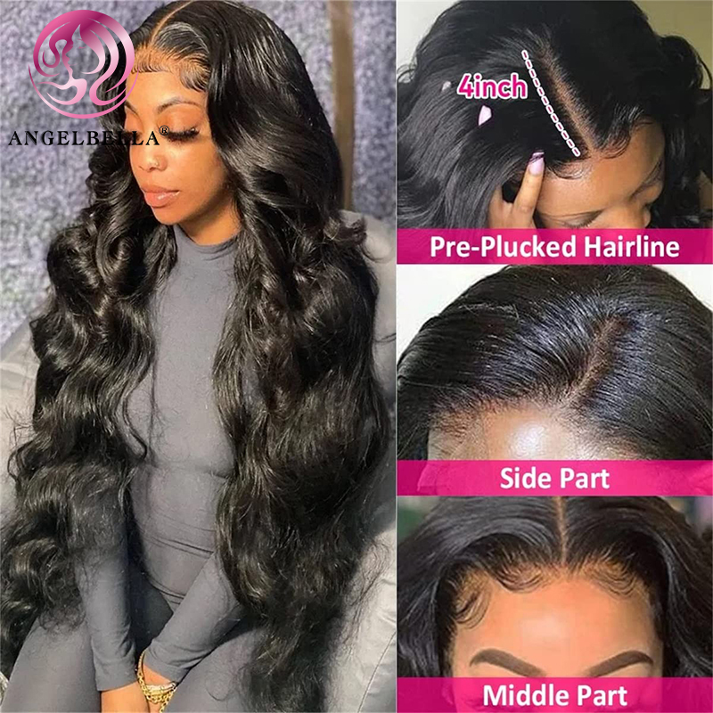Angelbella Queen Doner Virgin Hair 13x4 Body Wave Swiss Transparent Pre Plucked HD Lace Front Wigs 