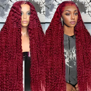 13x4 180% Density 99J Burgundy Color Human Hair Transparent Glueless Lace Frontal Wig Water Wave Lace Front Wigs