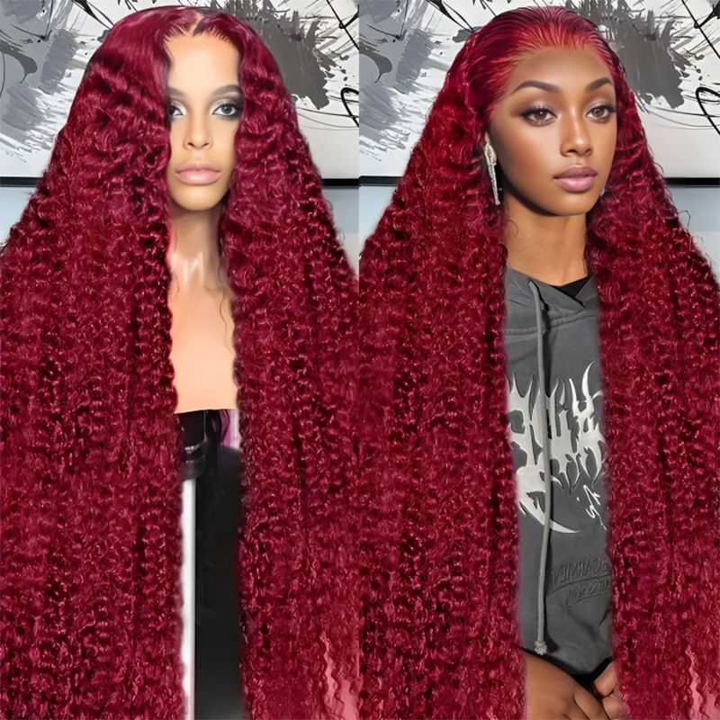13x4 180% Density 99J Burgundy Color Human Hair Transparent Glueless Lace Frontal Wig Water Wave Lace Front Wigs