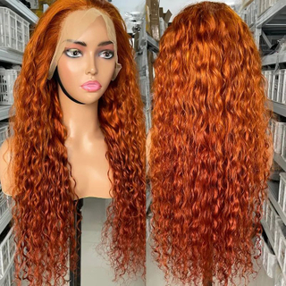 Wholesale Brazilian Human Hair 180% Density 13x4 Water Wave Glueless Transparent Swiss Human Hair Ginger Lace Front Wig