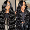 AngelBella Natural Black 220% Density 30 Inch 13x6 Body Wave Lace Front HD Glueless Lace Frontal Pre Plucked Human Hair Wigs for Women
