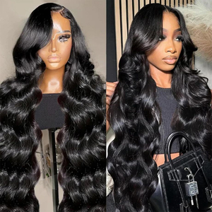 AngelBella Natural Black 220% Density 30 Inch 13x6 Body Wave Lace Front HD Glueless Lace Frontal Pre Plucked Human Hair Wigs for Women