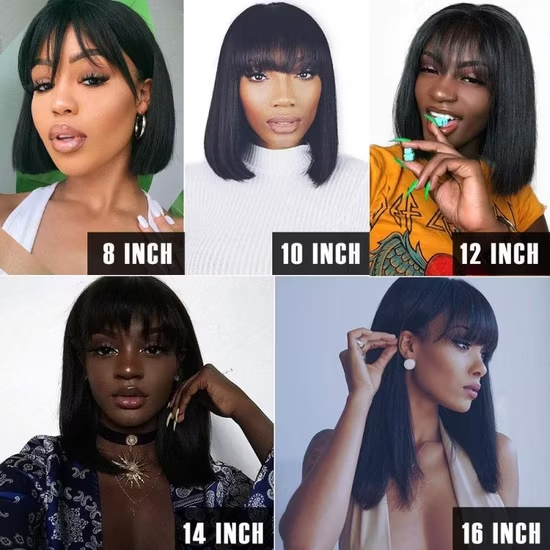Black Bob Wig with Bangs Full Machine Made Short Straight Bob Wigs for Black Women 8 10 12 14 16 Inch