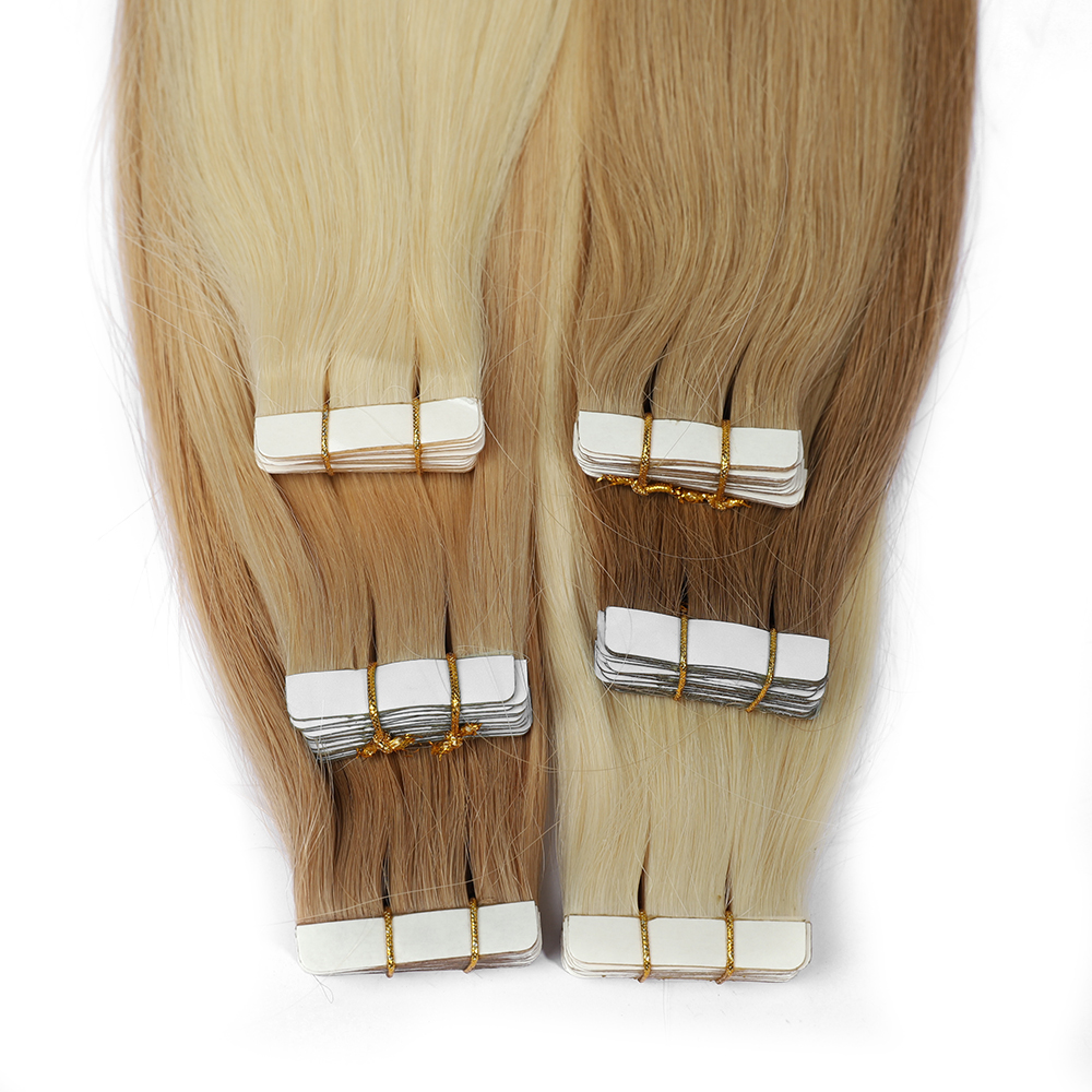 Human Hair Extensions PU Flat Weft Hair Extensions Remy Human Hair Extension with Holes Ash Blonde Highlight Blonde 18/613 Invisible Tape in Hair Extension for Women