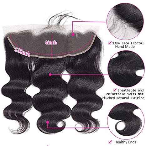 Angelbella Glueless 13x4 Lace Frontal Closure Wig Human Hair Body Wave Natural Black Lace Frontal 130% Density