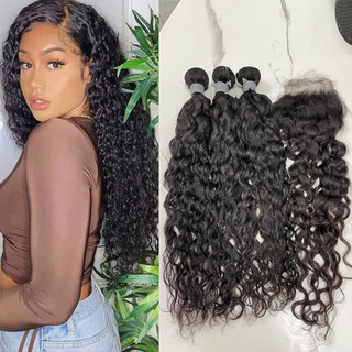 Angelbella Water Wave Lace Closure with Bundles Brazilian Virgin Human Hair Bundles