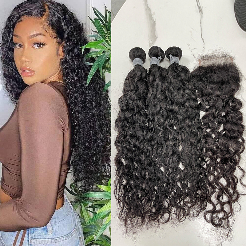 Angelbella Water Wave Lace Closure with Bundles Brazilian Virgin Human Hair Bundles