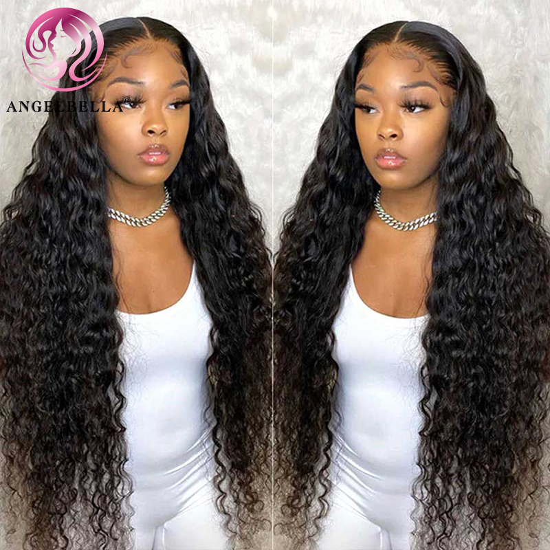 AngelBella DD Diamond Hair Water Wavy Lace Front Human Hair Wig With Baby Hair Natural Black Color HD Lace Front Wigs 