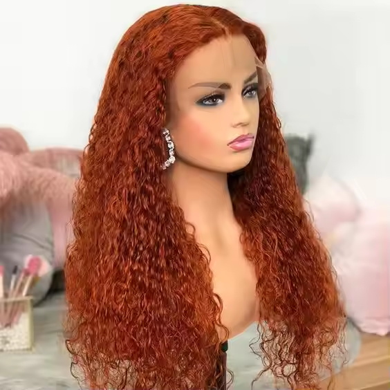 Wholesale Brazilian Human Hair 180% Density 13x4 Water Wave Glueless Transparent Swiss Human Hair Ginger Lace Front Wig
